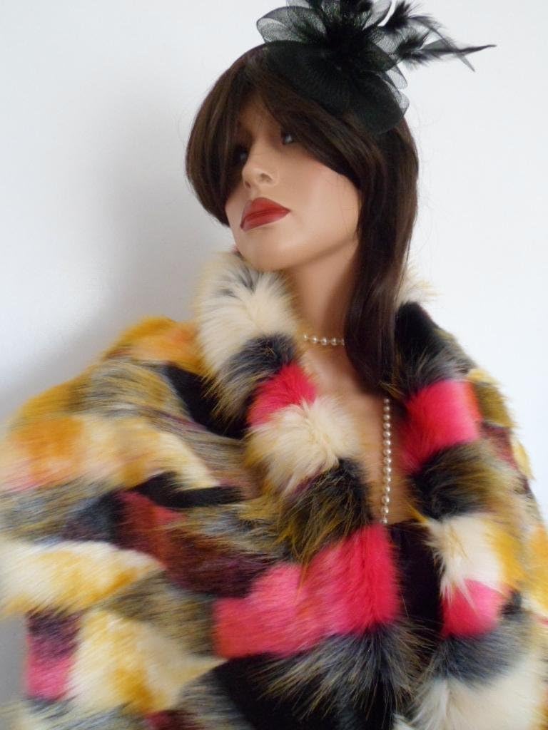 pink fur stole, black fake fur, yellow fur shawl, faux fur wrap, shrug, patchwork fur