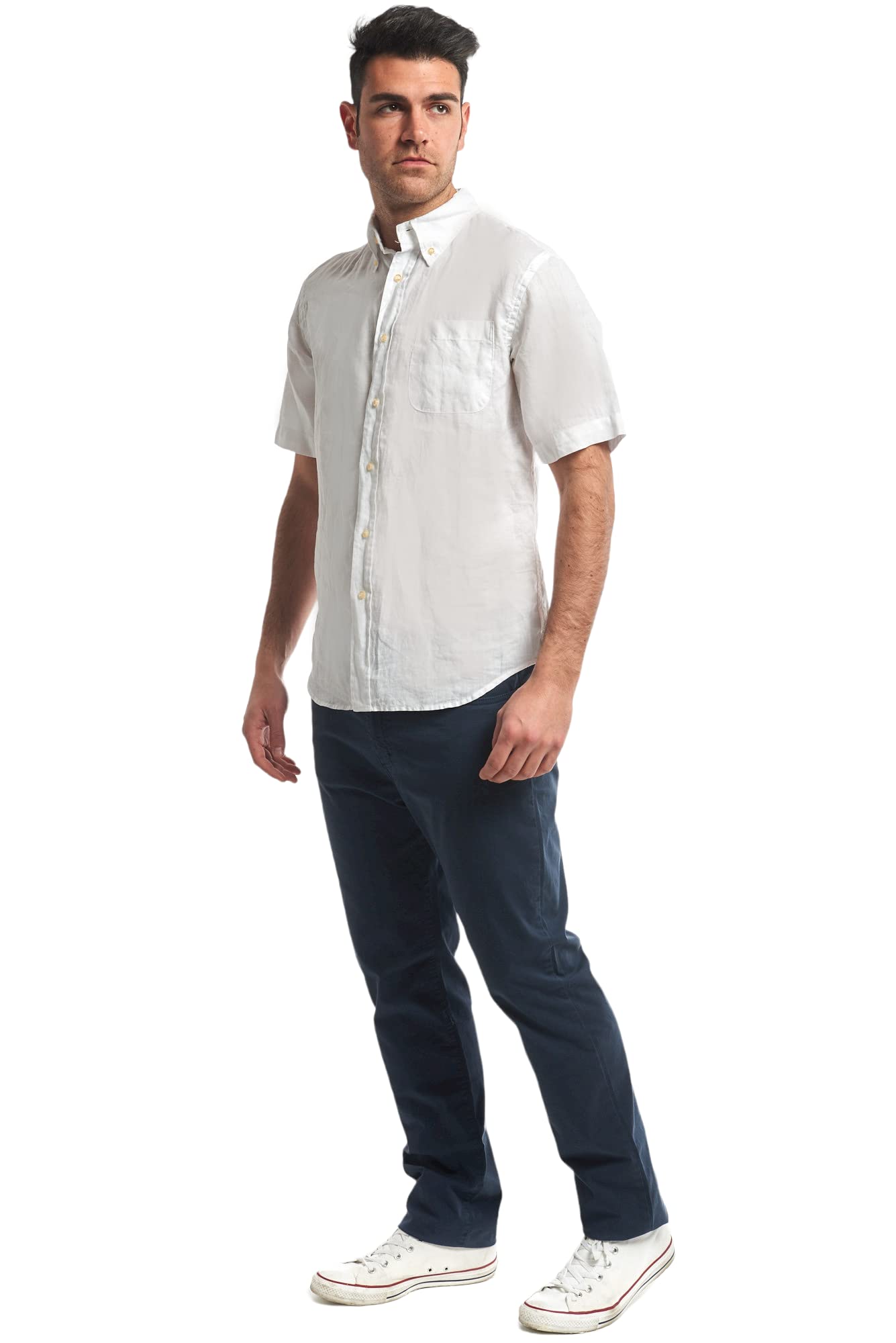 Herrenhemd aus reinem Leinen, Typ T Shirt für Herren, halbe Ärmel, in 5 Farben, Weiß, Hellblau, Grün, Avio, Blue Label von S bis 3XL, Weiß, Small