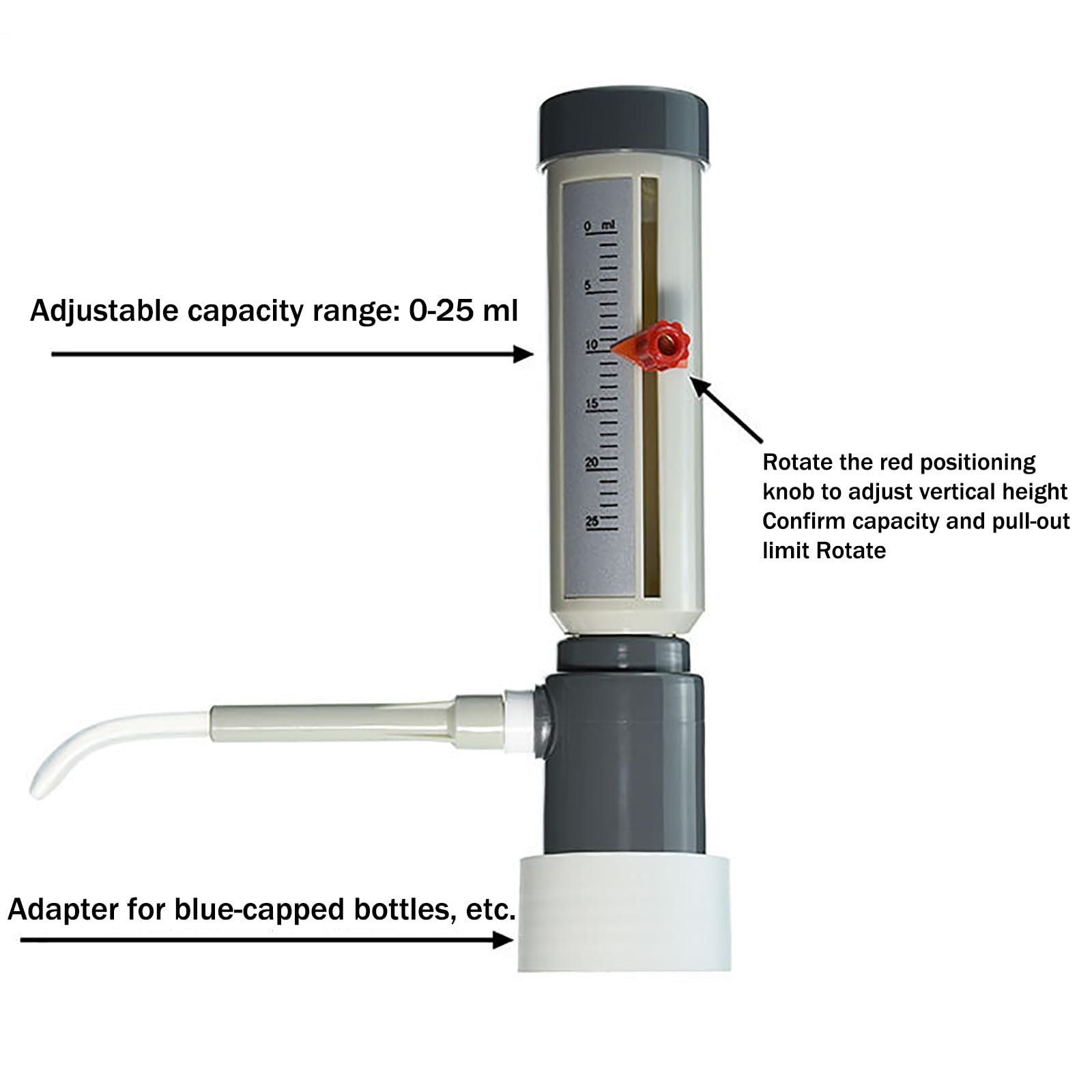 Pipetas de laboratorio ajustables con dispensador superior de botella, 0-25 ml para una dispensación precisa, fácil de usar para técnicos e investigadores de laboratorio, incluye botellas de reactivo
