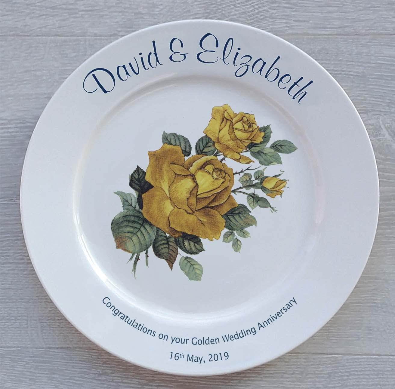 Heritage Pottery Personalized Bone China Commemorative Plate For A 50th Wedding Anniversary - Yellow Rose Design with a Plain Rim