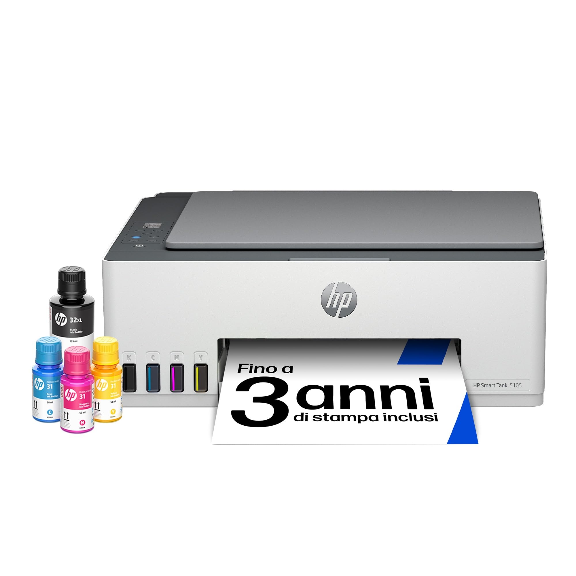 HP Smart Tank 5105 1F3Y3A, Stampante Multifunzione A4 con serbatoio di inchiostro ad alto volume di stampa, stampa fronte/​retro manuale, scansione, copia, 22 ppm, USB, Wi-​Fi, HP Smart, Bianca