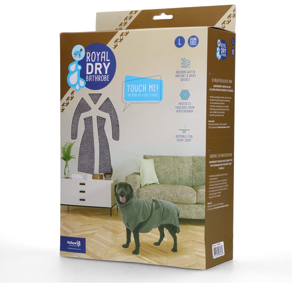Royal Dry Hundebademantel L – Rückenlänge 60–68 cm – Mikrofaser – Für mittelgroße Hunde – Schnelltrocknend mit Klettverschluss – Grau