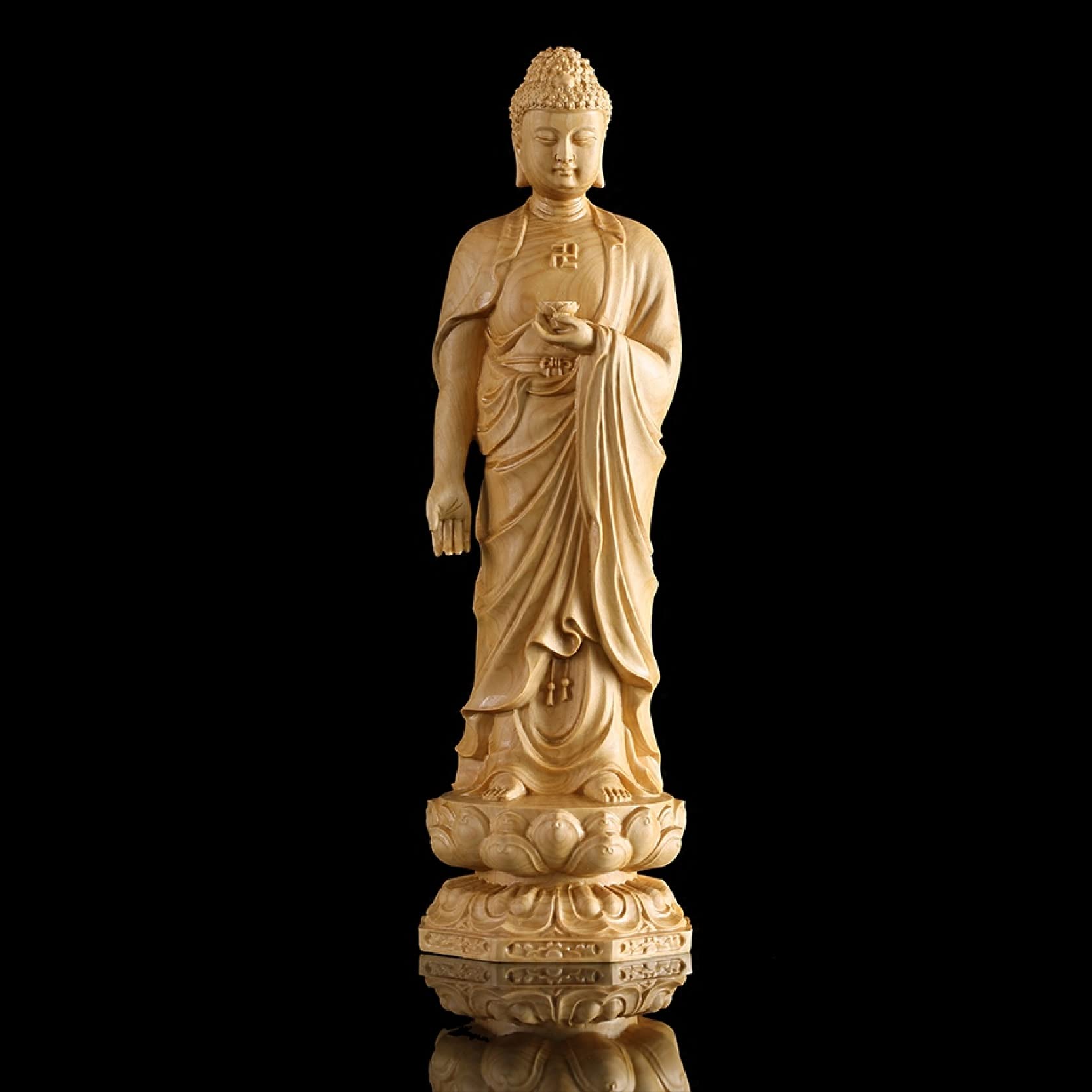 Solid Wood Buddhism Buddha Figurine Yellow Wood Wealth God Buddha