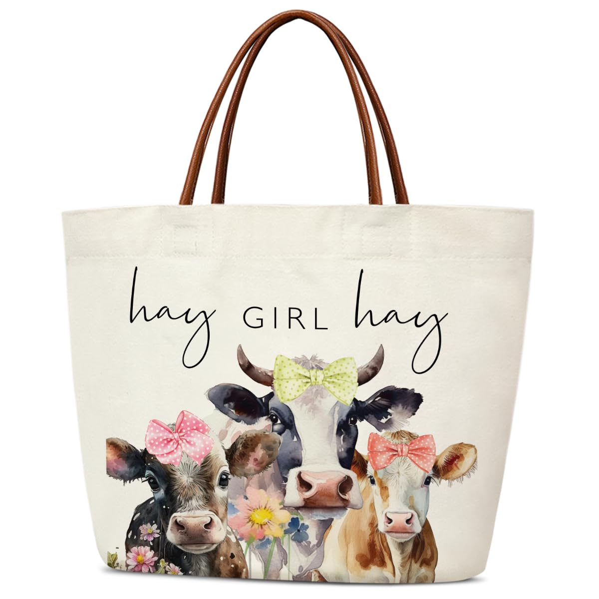 mermermu Aesthetic Canvas Tote Bag for Women Teens Reusable Grocery Shopping Bag With Handles Cute Tote Bag -Hay Girl Hay, White, 15.7 x 6 12.6 inches