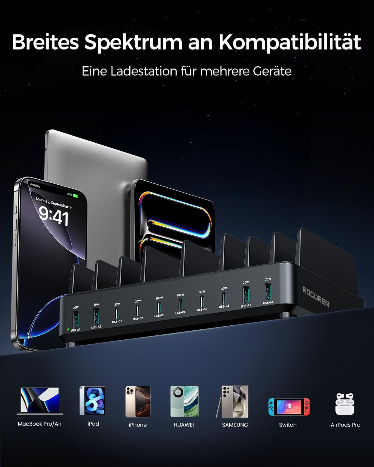 Rocoren 400W Ladestation Mehrere Geräte USB C Charging Station, GaN PD100W 10 Anschlüsse Familien Handy Ladestation Desktop Ladegerät mit Schnell-Laden Kompatibel mit MacBook Pro/Air, iPhone, Galaxy