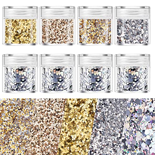 COKOHAPPY 8 Boxes Gold Silver Body Chunky Glitter Makeup, Holographic Flake Cosmetic Sequins Glitter, Ultra-thin Nail Art Iridescent Sparkle Mixed Glitter for Face Eye Hair