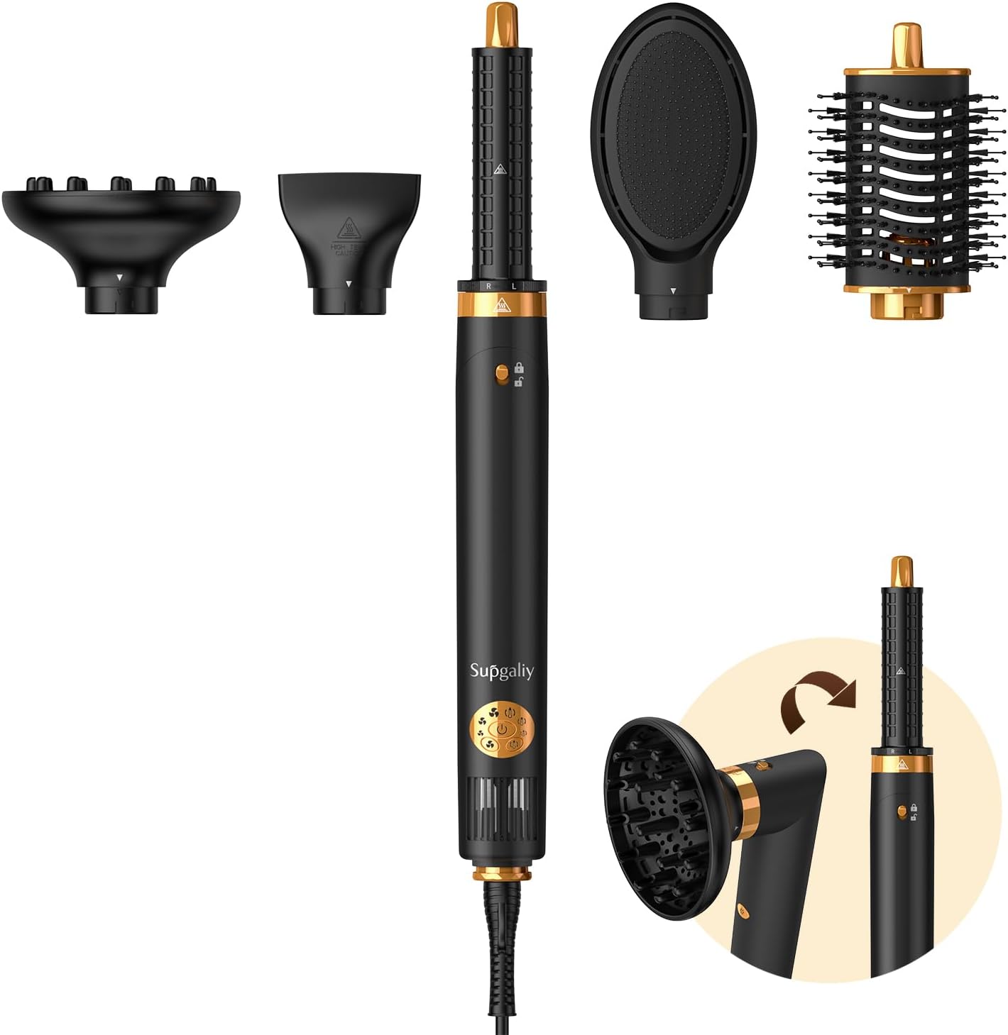5 in 1 Air Styler, High-Speed Blow Dryer Brush, 110,000 RPM Powerful Hair Dryer Brush & Multi-Styler with Auto-Wrap Curler, Cushion Massager Brush, Oval Brush, Diffuser, Nozzle Attachment