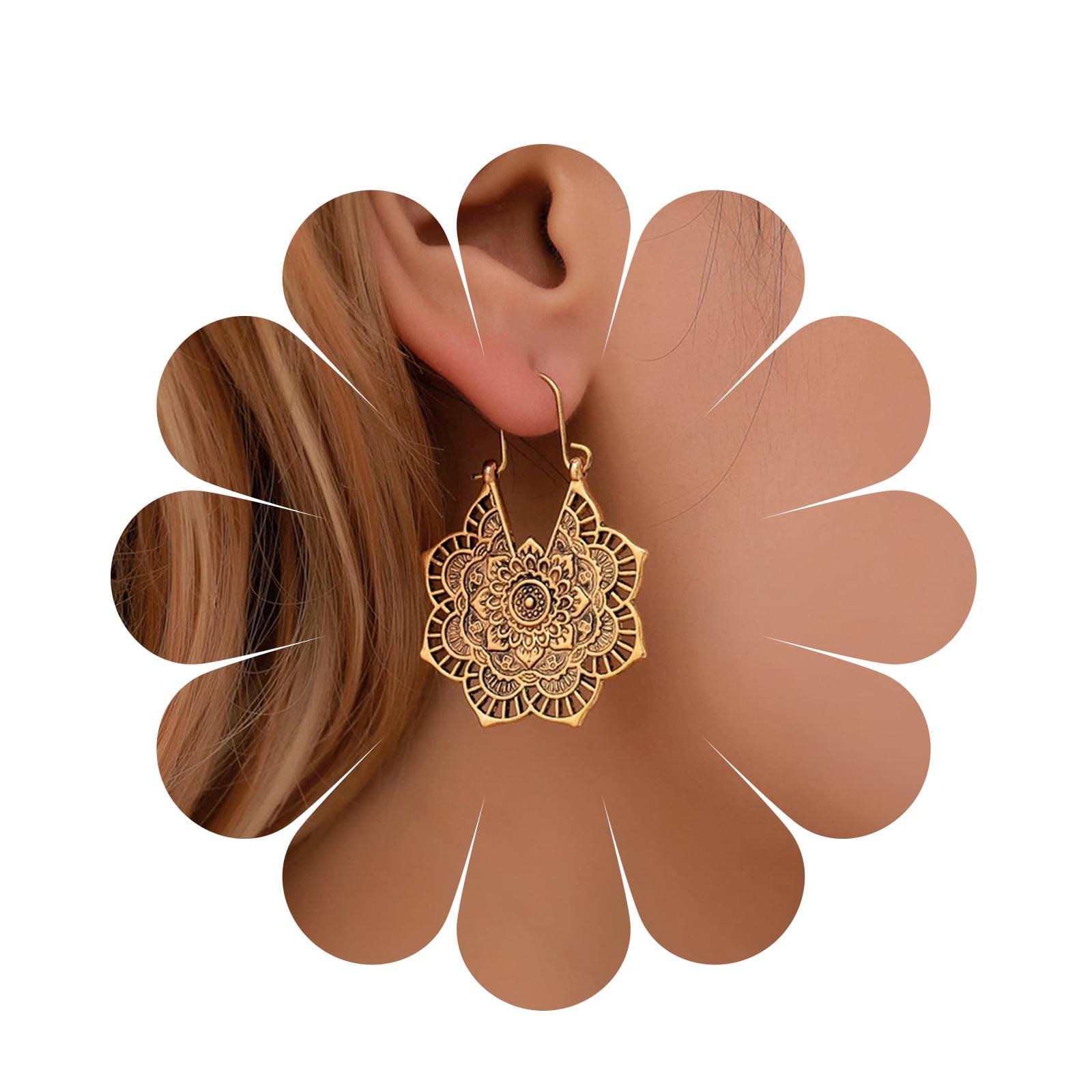 AneneiceeraBoho Mandala Flor Pendientes De Oro Gota Colgante Pendientes Retro Tribal Colgante Declaración Club Nocturno Étnico Pendientes De Aro De La Joyería Para Las Mujeres Y Las Niñas (oro)