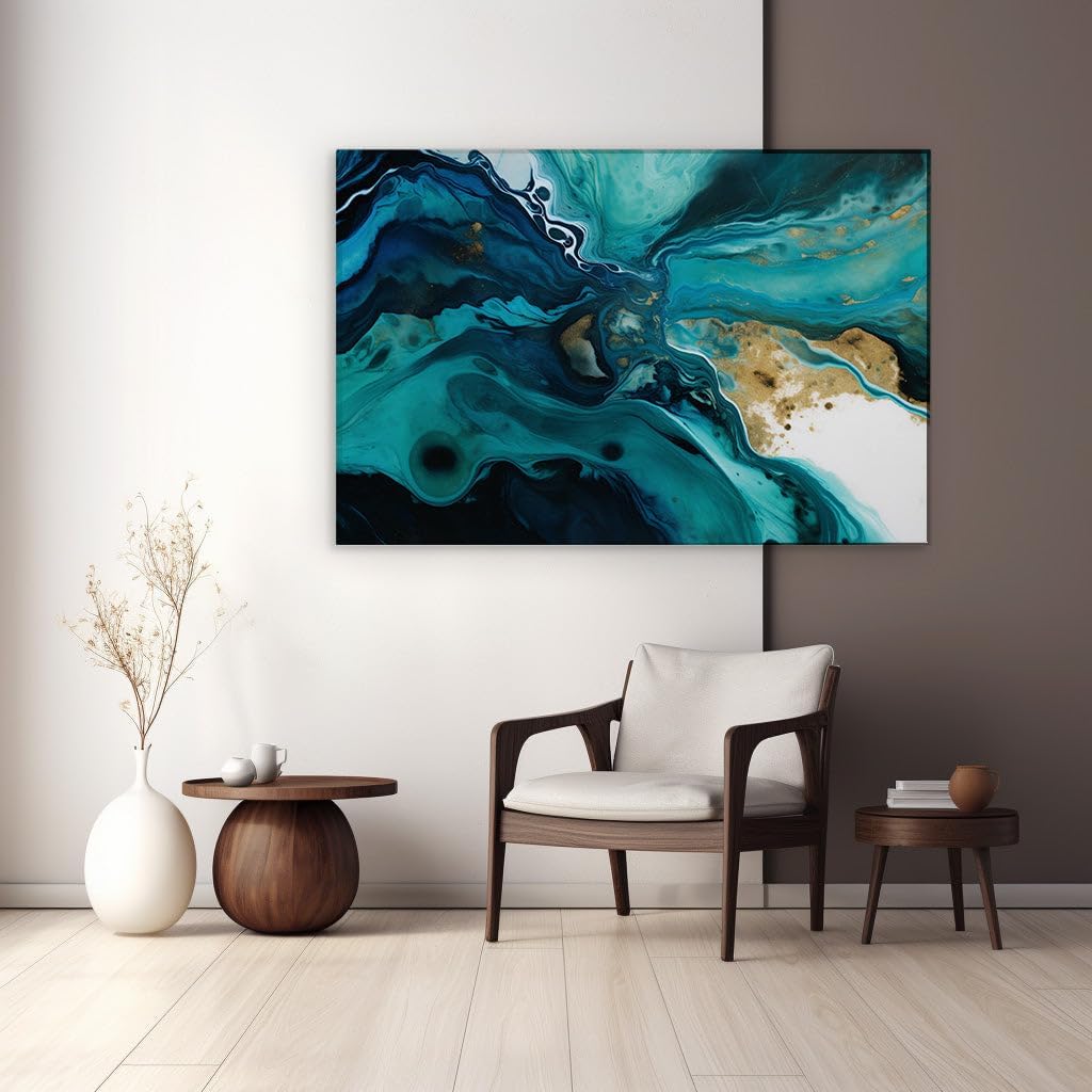 Canvas for Living room. Oceanic Elegance � Unveiling the Dynamic Blues, Greens, and Golds of Abstract Art, 27 x 18 inch Canvas Wall Art - Contemporary Masterpieces - Modern Home Decor