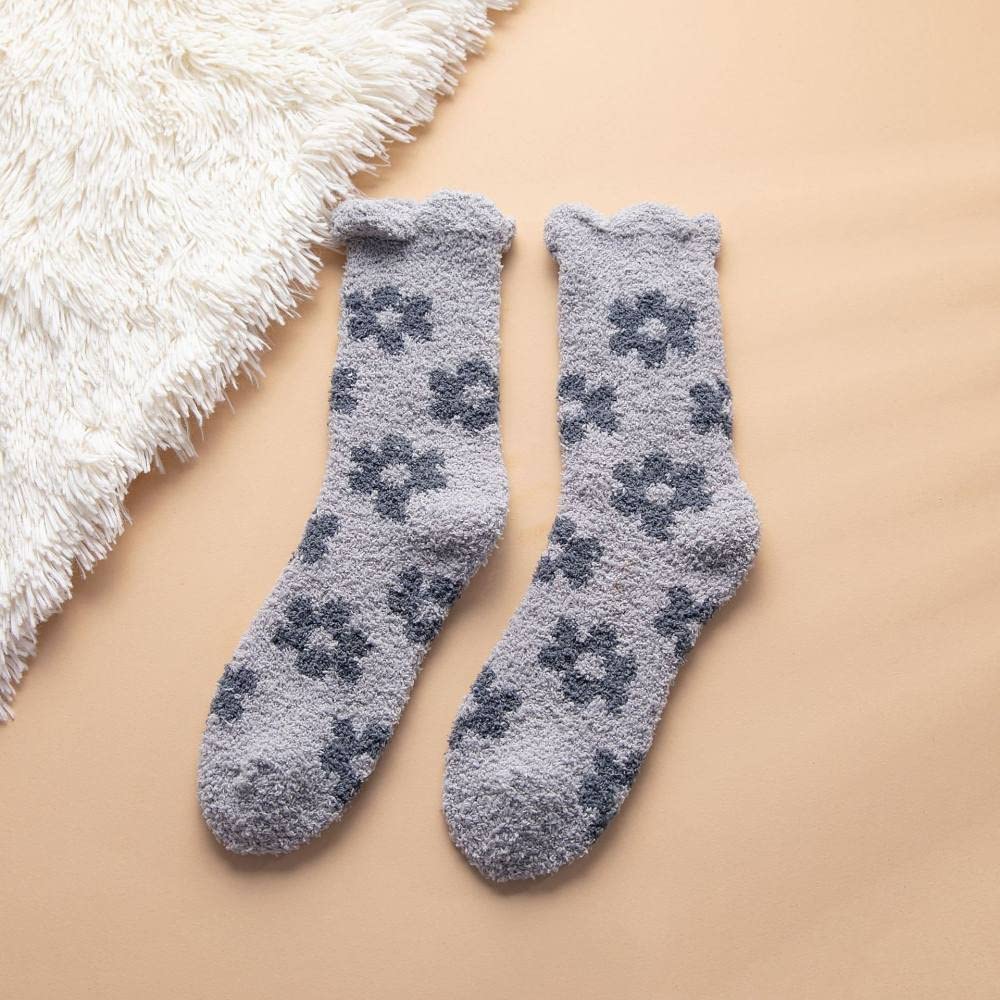 MIDJ Warme Socken,Wintersocken für Damen, Warm, Flauschig, Bettsocken, Graue Blume, Niedlich, Weich, Bequem, Zu Hause, Verdickt, Bequem, Sexy Socken, Weihnachten, Mädchen, Warm