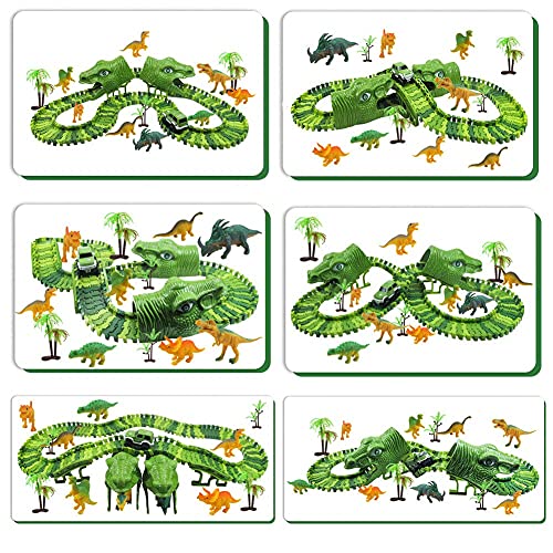 Feleph Dinosaur Race Car Track for 3-8 Years Old Kids 6.3 Feet Dinosaur Toys for Boys Cool Flexible Track Play Set, 153PCS Kid's Best Gift with 8 Dinosaurs & 1 Car