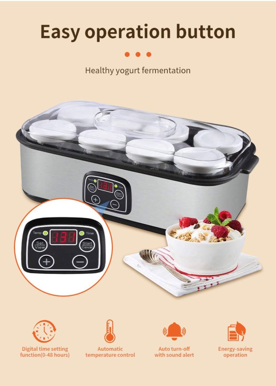 Máquina digital de yogur de 8 tazas, máquina de acero inoxidable de 1400 ml con temporizador de control de temperatura, fermentador de yogur casero con tarros de vidrio