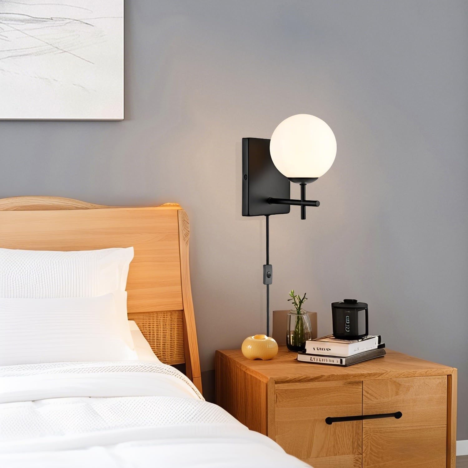 Black Wall Sconces Set of Two Plug in Wall Light Fixtures Globe Modern Wall Lamp Plug in Milky Glass Bedroom Living Room Bathroom Hallway Bedside