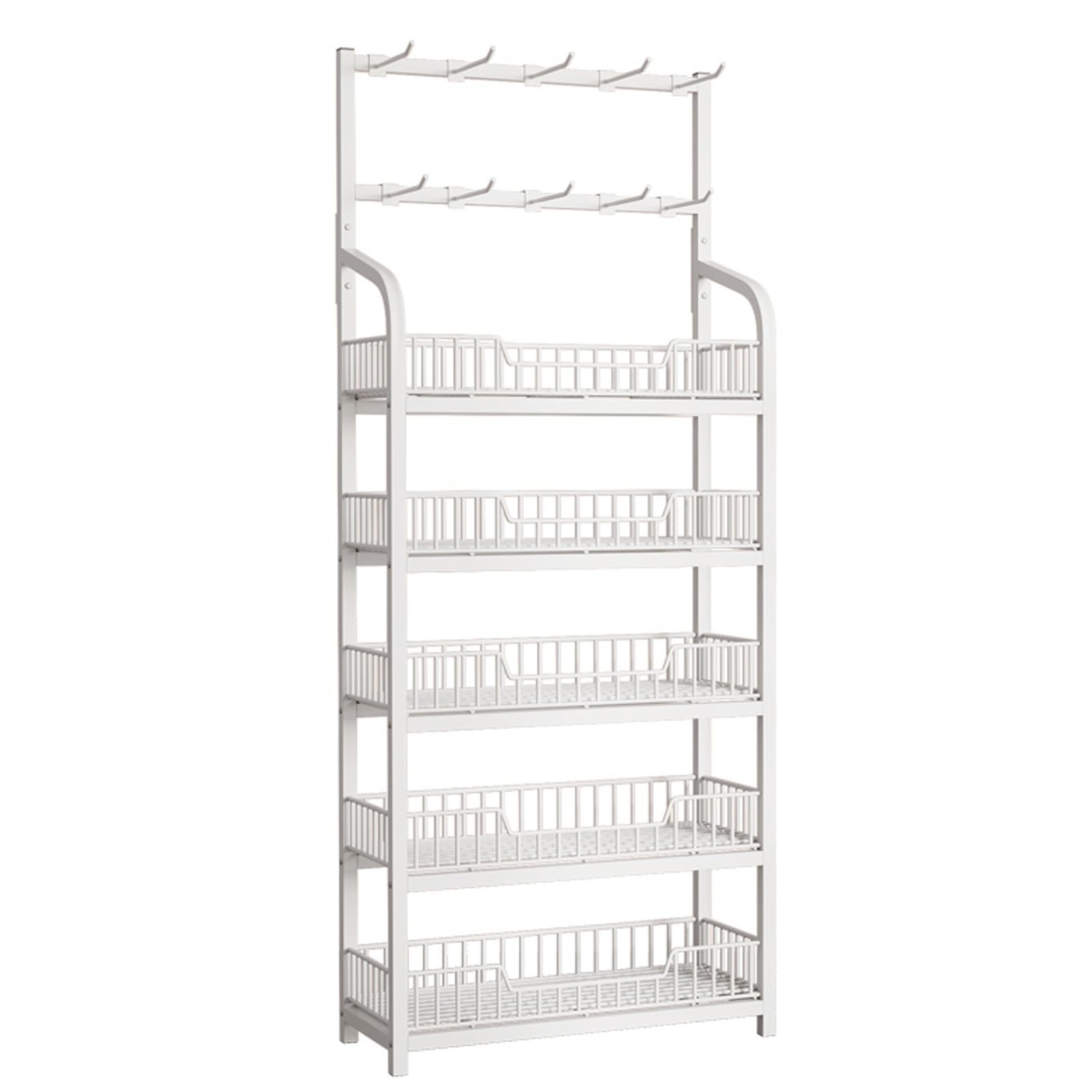 Verkaufsständer mit 4 und 5 Ebenen, Supermarkt-Snackregal mit 10 Haken, Metall-Chipbeutelhalter mit Leitplanke für Zuhause/Küche/Speisekammer/Komfort, 5 Etagen, Weiß, L 50 cm