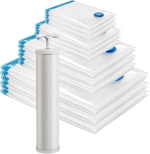 Aoasur Bolsas de almacenamiento al vacío con bomba de mano, paquete de 12 bolsas de ahorro de espacio de tamaño combinado para ropa, colchones,