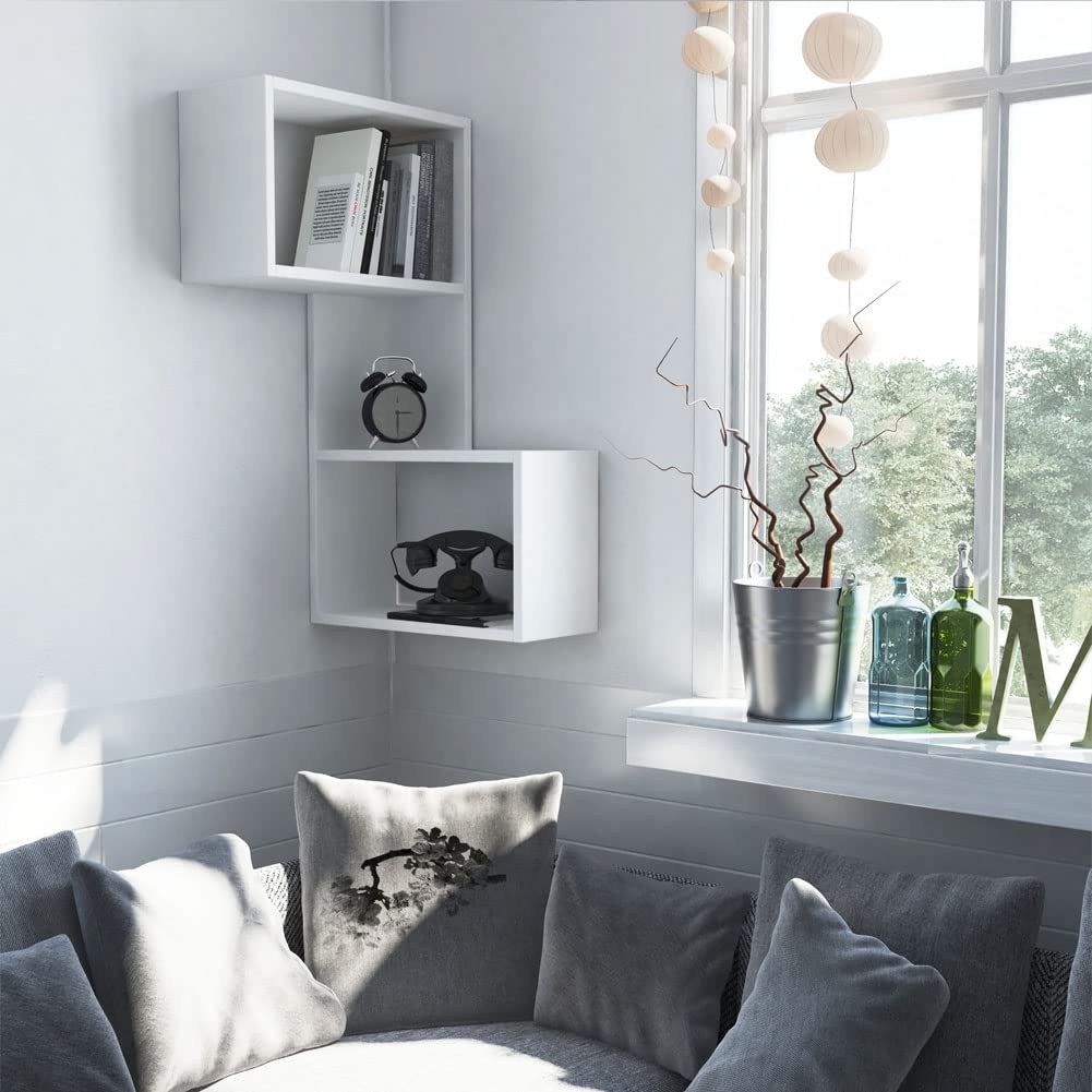 Shally Dogan Mensola a 3 Piani Angolare, Scaffale ad Angolo per Parete, Arredamento Interno, Casa, Ufficio, Organizer Salvaspazio Design Moderno, Dimensioni 47 x 20 x 85H cm (Bianco)