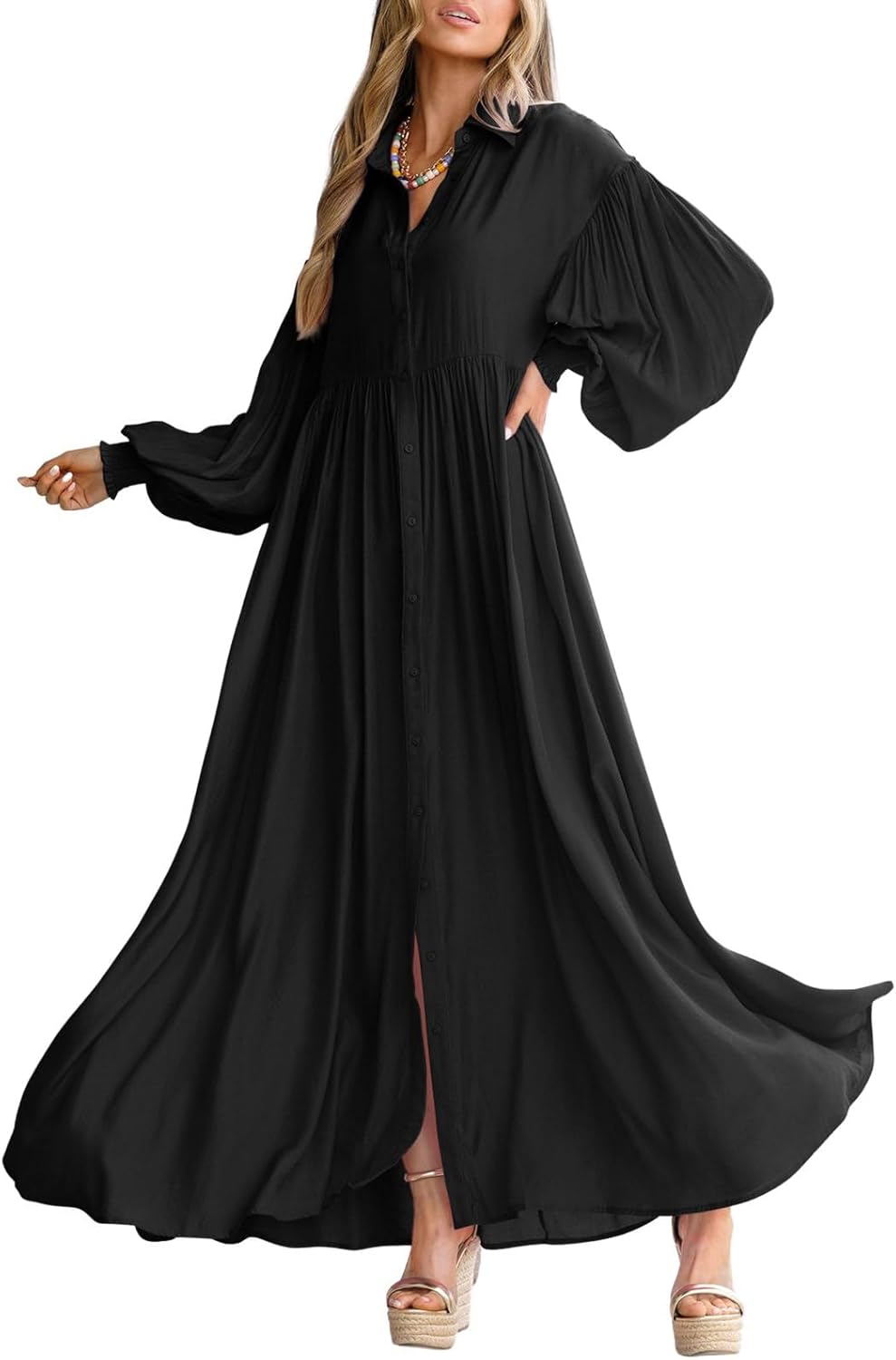 chouyatou Women's Casual Long Sleeve Button Down Shirt Dress Elegant Pleated Flowy Swing Maxi Dress