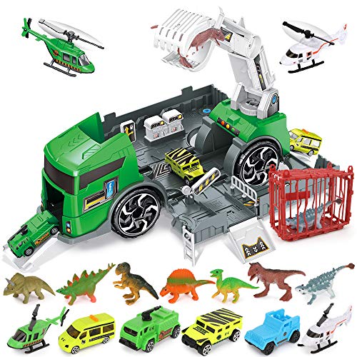 Siairo Transporter Dinosaur Carrier Truck - 7 Dinosaurs and 6 Vehicles Dino Play Toy for Kids 3 4 5 Year Old, Dinosaur Capture Car with Manipulator, Helicopter, Cage, Gift for Boys Toddlers