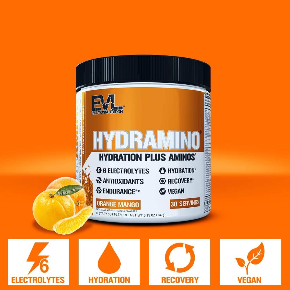 HYDRAMINO Complete Hydration Multiplier, All 6 Electrolytes, Vitamin C & B, Fluid Boosting Aminos, Coconut Water, Endurance & Recovery, Immunity Support, Antioxidants, 0 Sugar, 30 Serve, Orange Mango : Health & Household