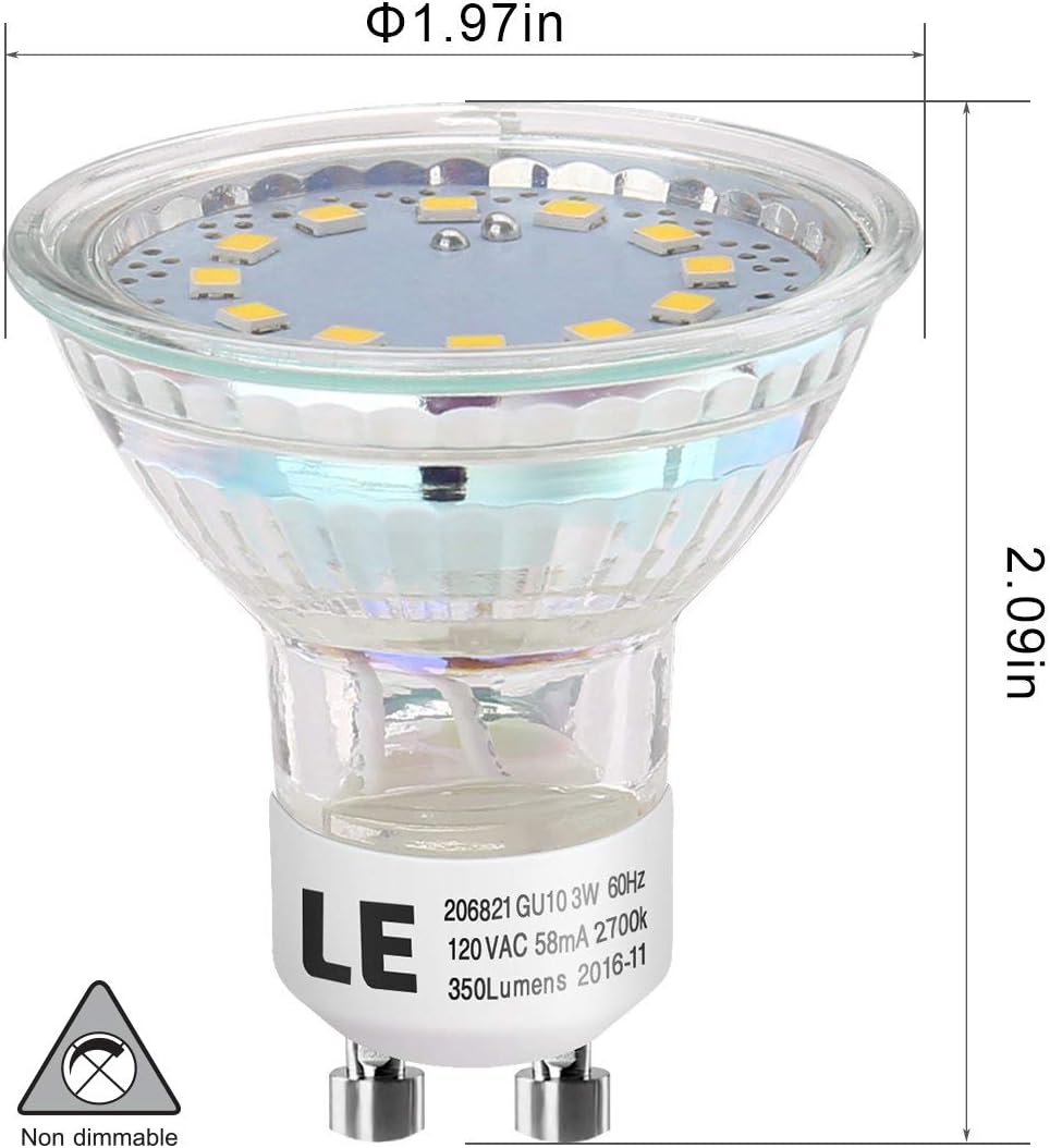 LE GU10 LED Light Bulbs, Non Dimmable, 50W Halogen Bulb Equivalent, 2700K Soft Warm White, 3 Watt 350lm, 120 Degree Flood Beam Angle, LED Bulb Replacement for Recessed Lighting Fixture, Pack of 6