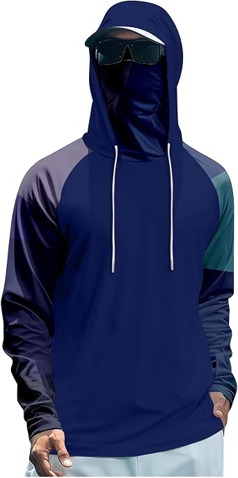 Long Sleeve Sun Shirt Men UPF 50+ Rash Guard Fishing Hoodie with Mask Summer UV SPF Sun Protection Cooling Blouses