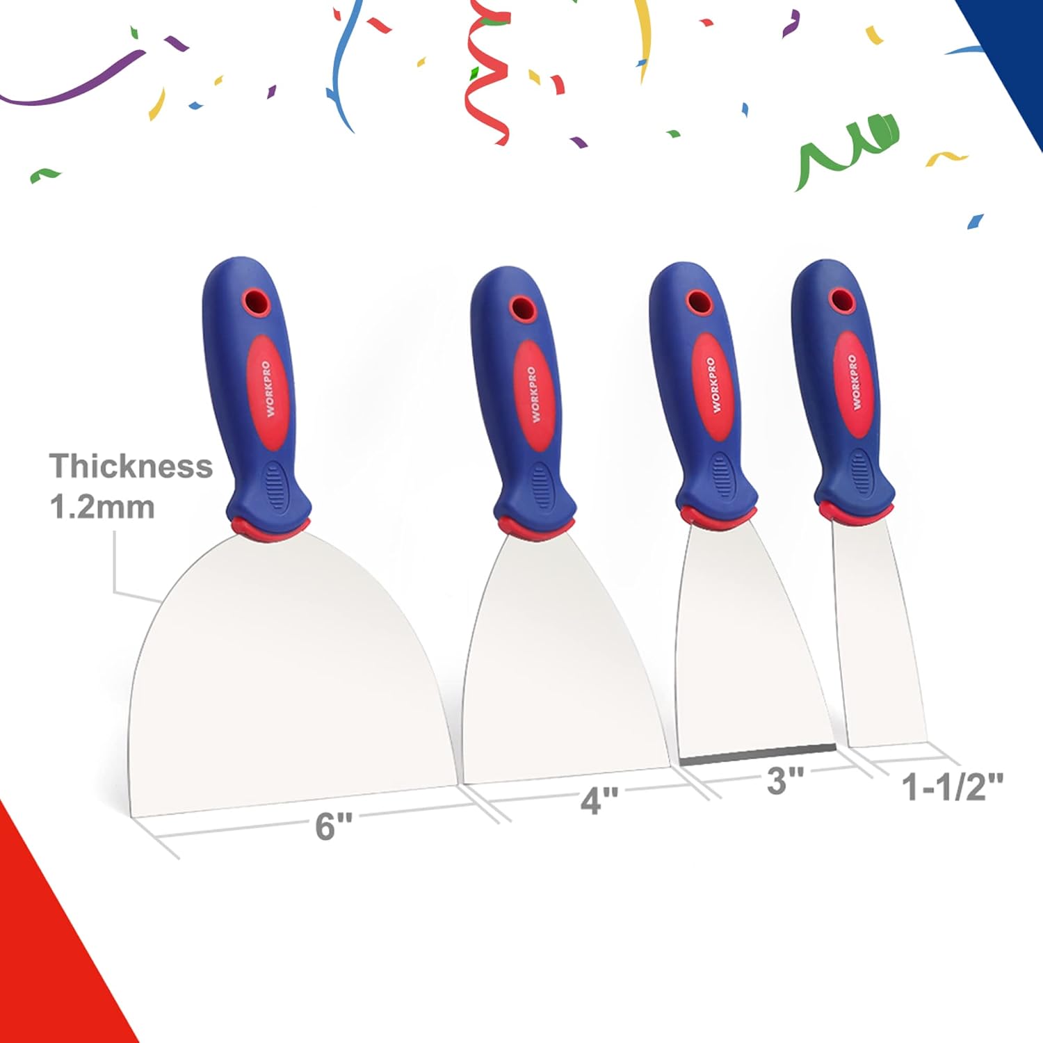WORKPRO 4-Piece Putty Knife Set, Stainless Steel Made - Perfect for Drywall Spackle, Taping, Scraping Paint, 1.5", 3", 4", 6"