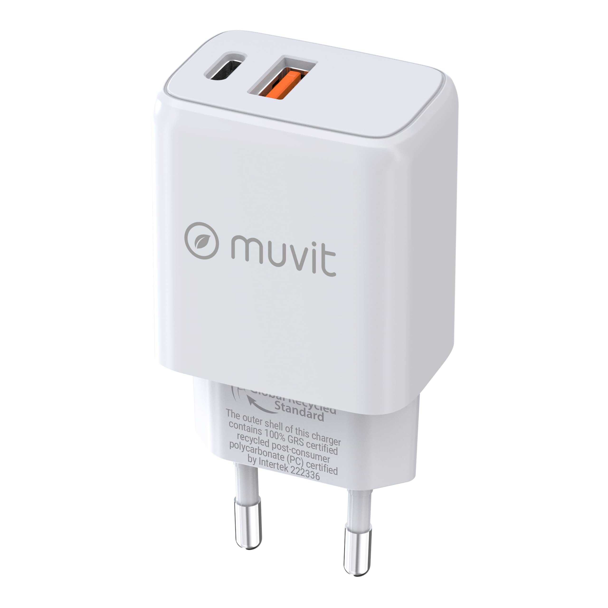 muvit for Change Chargeur mural 1 USB QC 3.0 18 W + 1 Type C PD 25 W Blanc