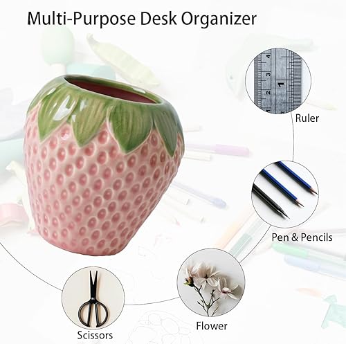 Miniatura 3 de Soporte para lápices de fresa, bonito soporte para bolígrafo para escritorio, soporte para bolígrafos de cerámica, soporte para brochas de