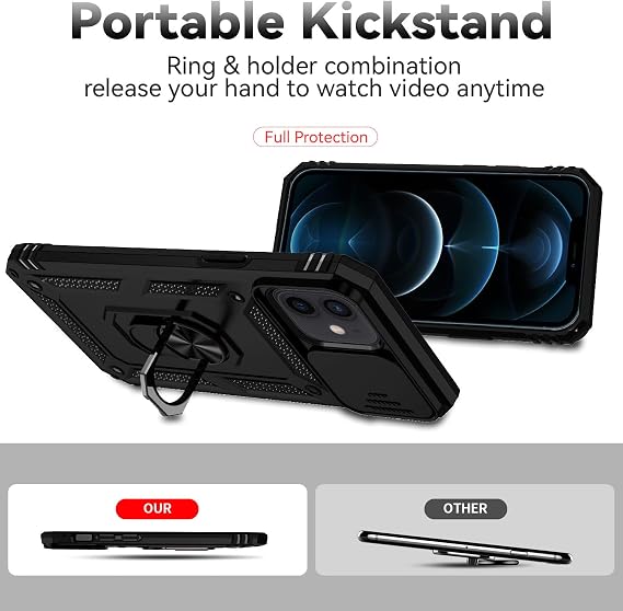 for iPhone 12 Case,with Camera Lens Cover HD Screen Protector,[Military Grade] Ring Car Mount Kickstand Hybrid Hard PC Soft TPU Shockproof Protective Case for iPhone 12, Black
