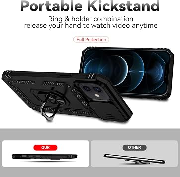 for iPhone 12 Case,with Camera Lens Cover HD Screen Protector,[Military Grade] Ring Car Mount Kickstand Hybrid Hard PC Soft TPU Shockproof Protective Case for iPhone 12, Black