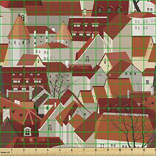 Image of Ambesonne City Fabric by The Yard, Landscape Illustration with Tile Roof Pattern Urban Architecture Ornamental Design, Decorative Fabric for Upholstery and Home Accents, 2 Yards, Burgundy Cinnamon