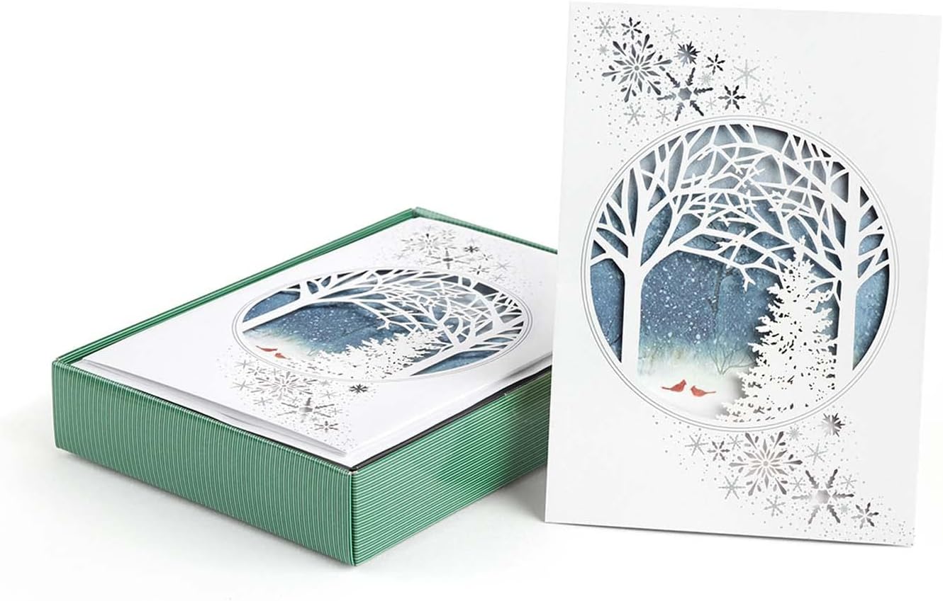 Canopy Street Masterpiece Cardinals And Trees Holiday Cards / 10 Laser Cut Christmas Note Cards Boxed With Matching Full Color Envelopes / 5" x 7" Folded Winter Greeting Cards With Inside Verse