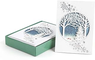 Masterpiece Cardinals And Trees Holiday Cards / 10 Laser Cut Christmas Note Cards Boxed With Matching Full Color Envelopes / 5" x 7" Folded Winter Greeting Cards With Inside Verse