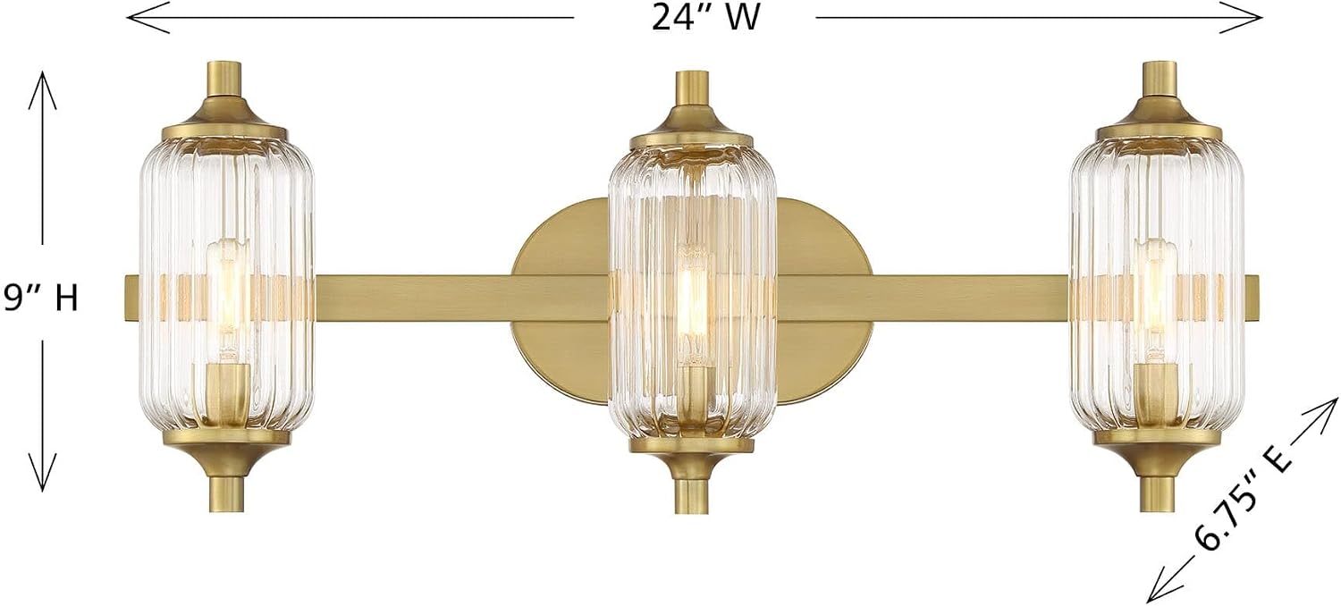 Savoy Essentials 8-3024-3-322 Holton Industrial Vintage Clear Ribbed Glass Bathroom Vanity Wall Light, 3-Light 180 Total Watts, 9" H x 24" W, Warm Brass