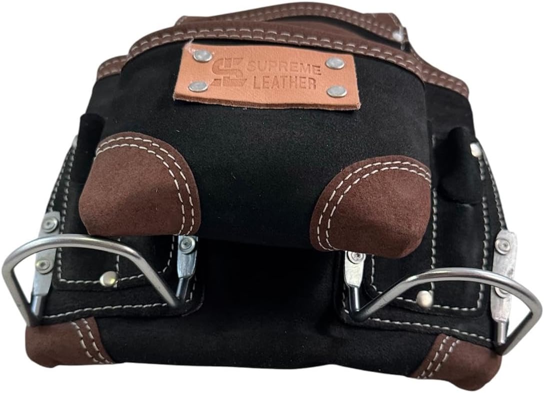 Supreme Leather 10-Pocket Suede Tool Pouch – Heavy-Duty Reinforced Corners, Fits 3” Belts, Multi-Purpose Leather Tool Bag for Construction, Crafting, DIY & Gardening