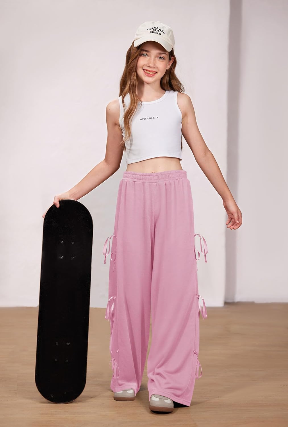 Big Girls Fall Cute Bowknot Side Side Baggy Track Pants Color Block Wide Leg Trousers Light Pink 13-14 Years - Image 5