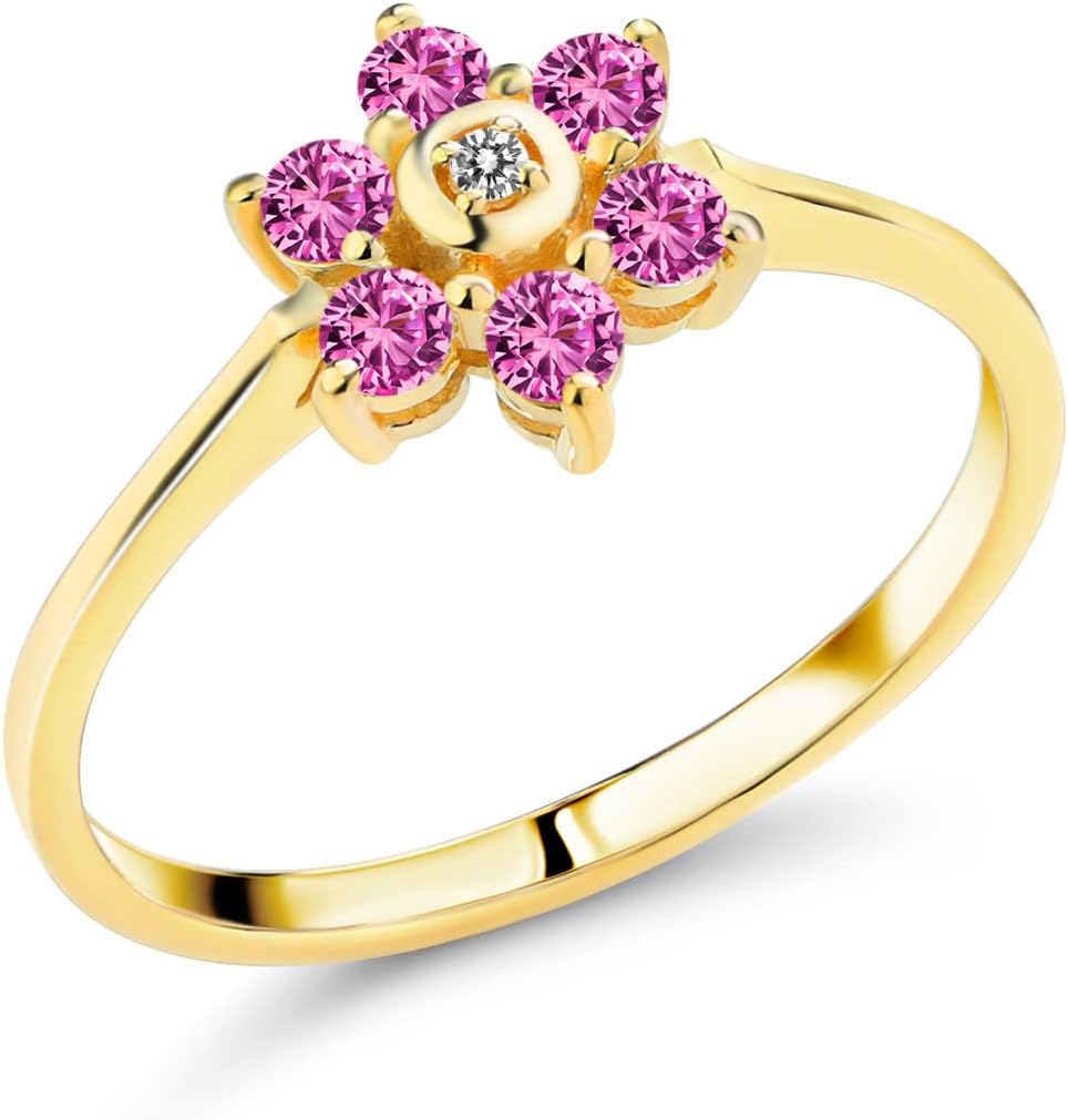 Gem Stone King 0.31 Cttw Round Pink Created Sapphire and White Diamond 10K Yellow Gold Flower Ring for Women | Gemstone Birthstone | Wedding Engagement Anniversary Promise Ring For Women