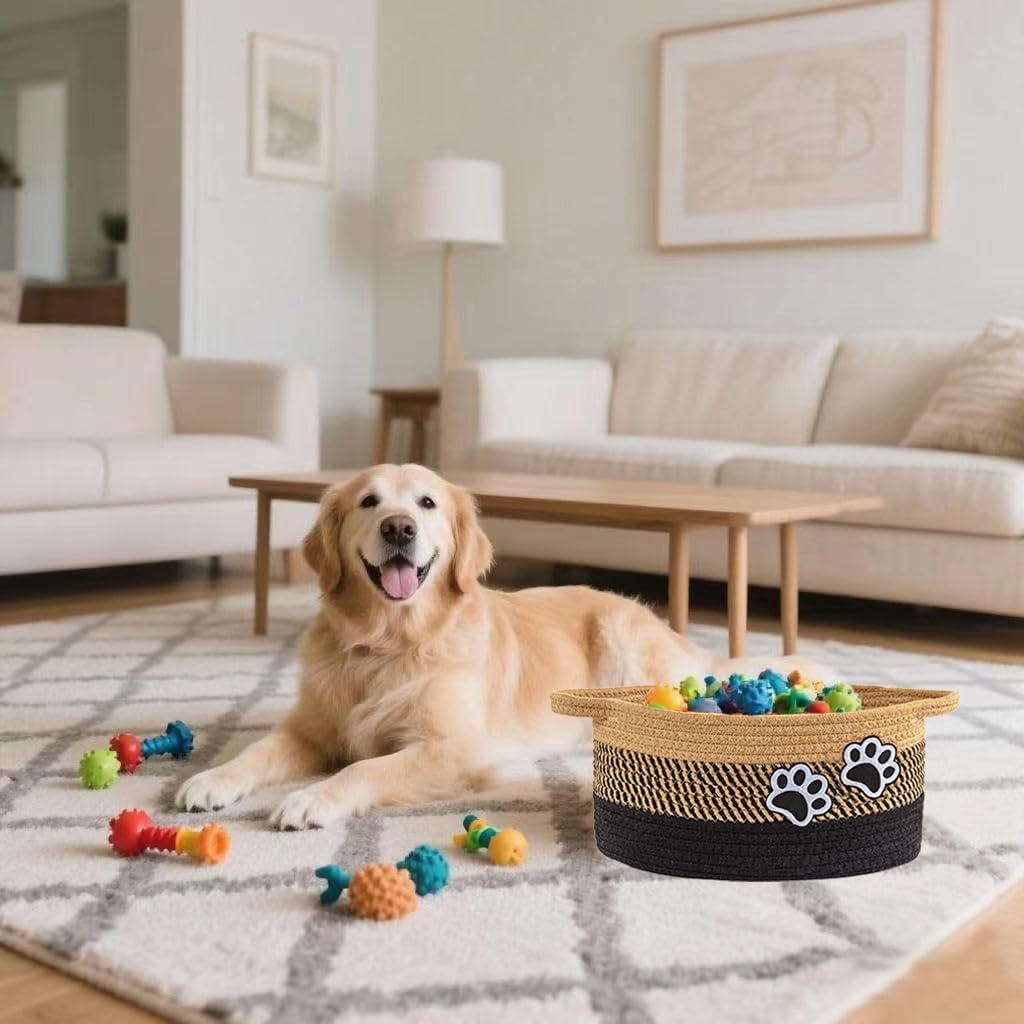 Small Woven Cotton Rope Nursery Organizer Bins, Dog Toy Basket Bins with Handle, Cute Empty Baby Gift Storage Baskets with Paw