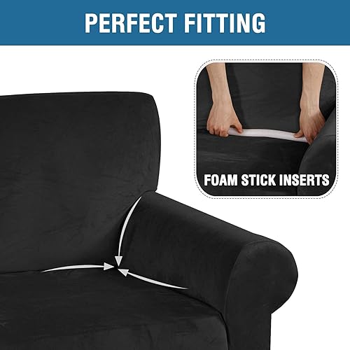 Miniatura 4 de H.VERSAILTEX Funda elástica de terciopelo para sofá de 3 plazas, funda de terciopelo elástico para sillón de 1 plaza, color negro