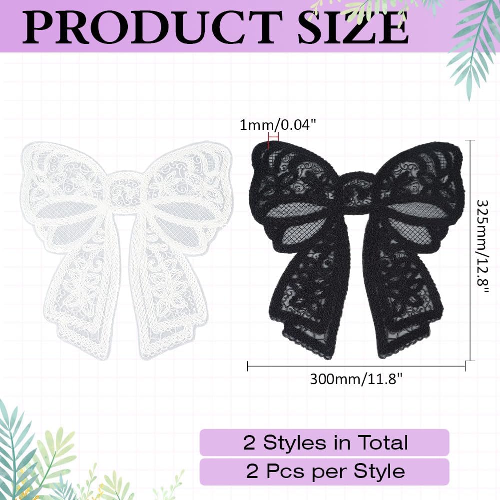 4Pcs Bowknot Lace Applique 2 Colors Polyester Embroidered Applique Patches Sewing Embellishment Ornament Accessories for Women Bridal Wedding Dress Decoration DIY Accessory White Black