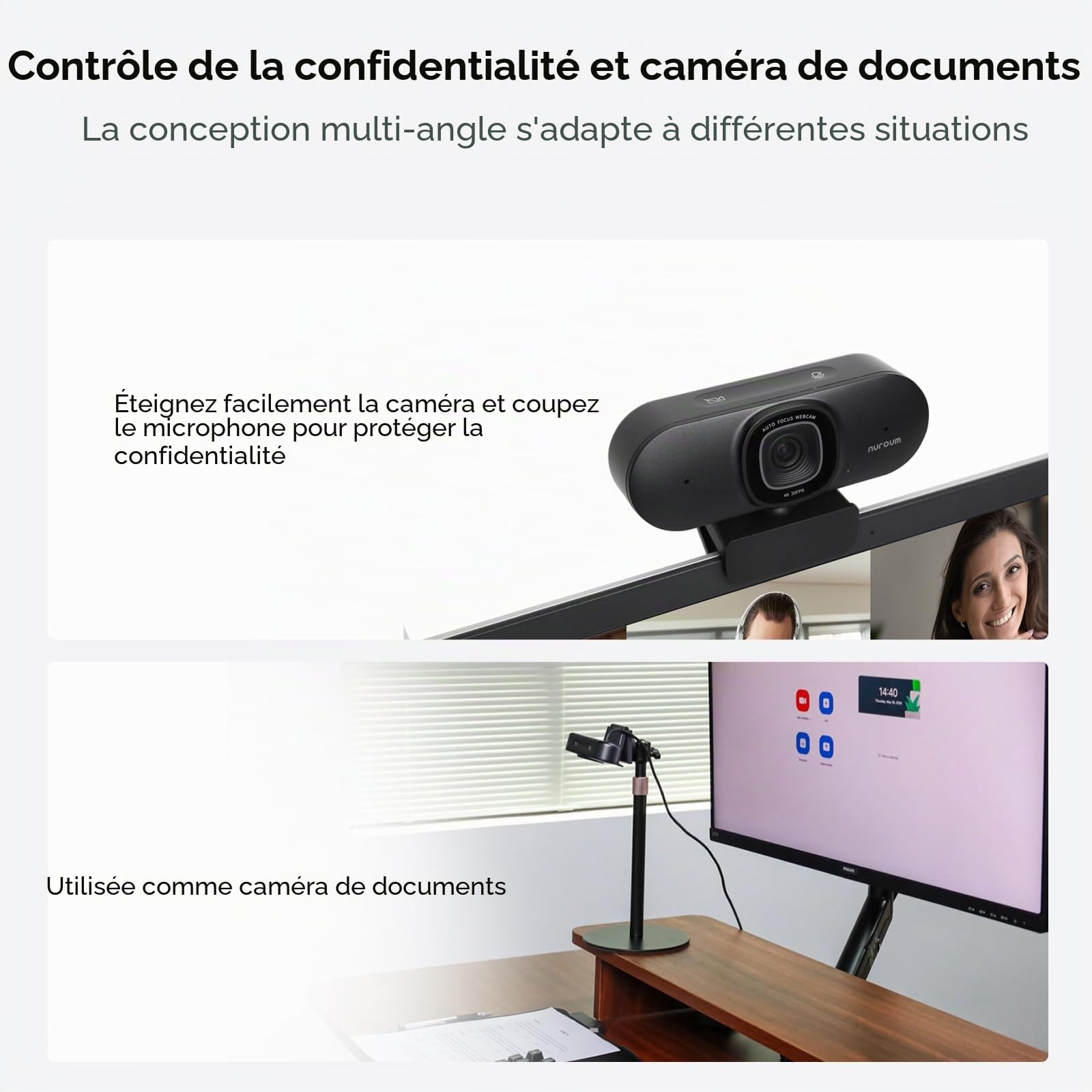 Nuroum V32-AF Webcam 4K 8MP 1080P/60fps, 1440P/30fps Sony CMOS avec Autofocus, Double Micros Anti-Bruit/Auto-Framing, Caméra PlugPplay pour Ordinateur Streaming/Vidéoconférence