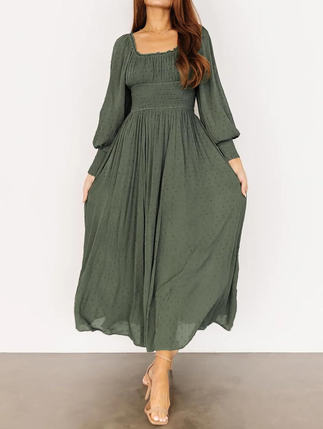 R.Vivimos Women's Puff Long Sleeve Maxi Dress Square Neck Elastic Empire Waist Swiss Dots Casual Flowy A-Line Long Dresses - Image 3