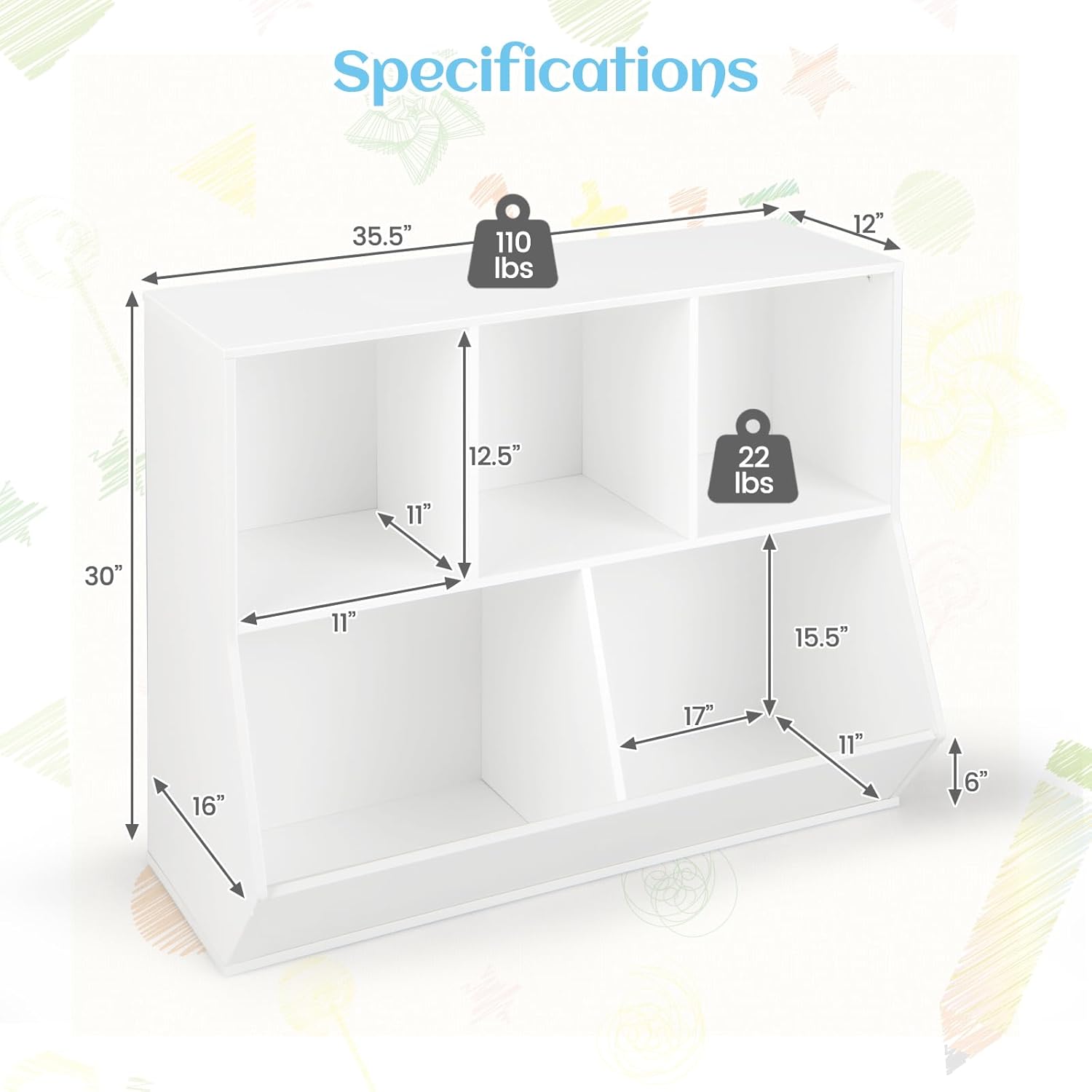 KOTEK 5-Cubby Toy Storage Organizer, Wooden Toy Storage Display Cabinet, Open Toy Shelf, Kids Bookshelf Bookcase for Playroom, Children's Room, Kindergarten, Nursery, Bedroom (White)