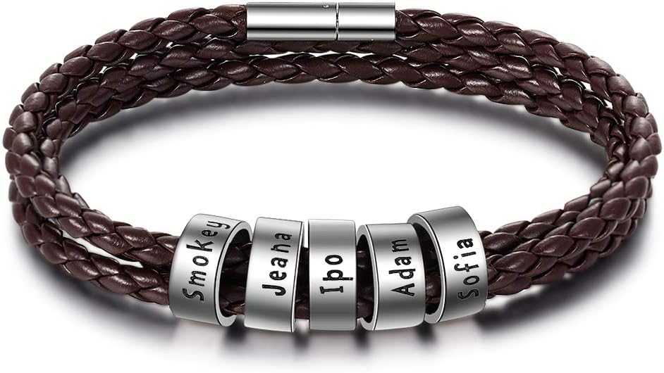 Personalized Men Leather Bracelet Custom Men Braid Bracelet with Small Beads Bracelets for Men with Family Names