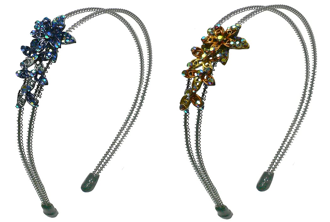 Set of 2 Crystal Flower Headbands Metal Hair Bands YY86801-3-2blueBrown