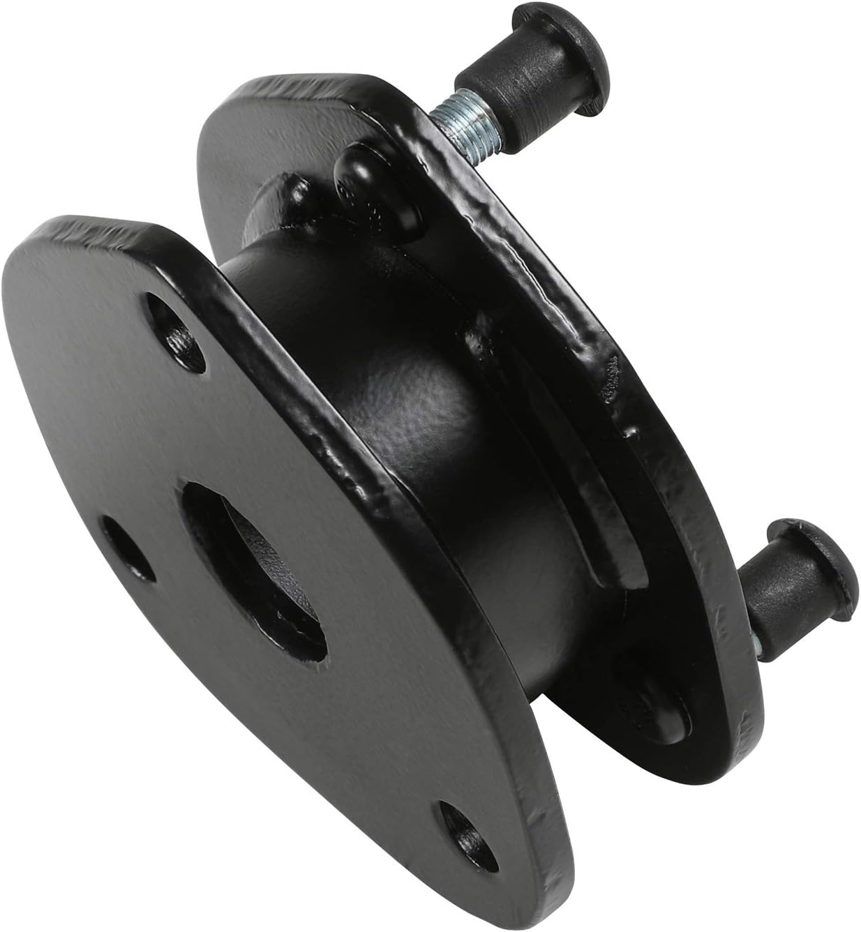 Close-up of a black strut spacer with three mounting bolts