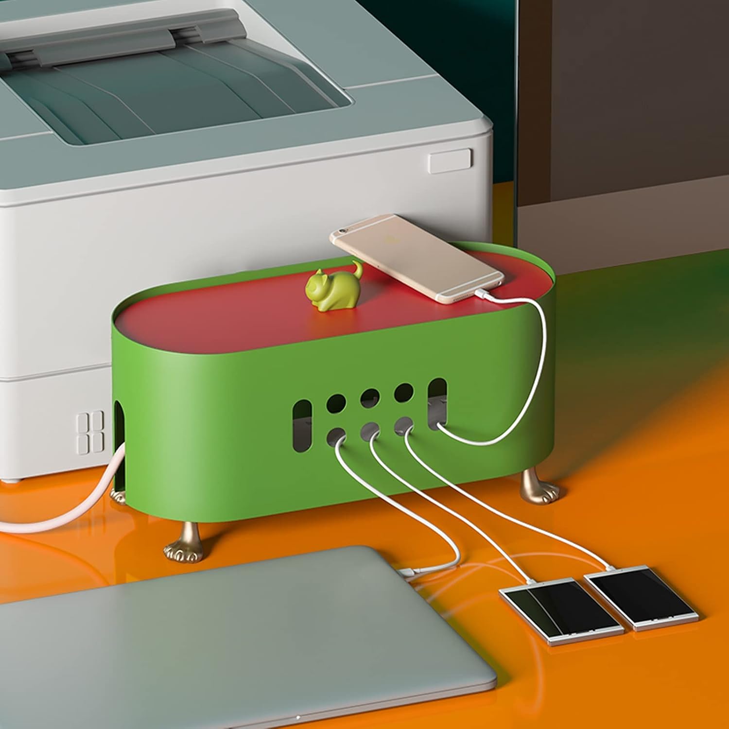 Cable Management Box Creative Oval Cord Organizer Box with Cat Cover Stylish Hider Cord Organizer Box to Hide Wires Power Strips Electrical Cord Cable Cords Organizer Boxes (Green)