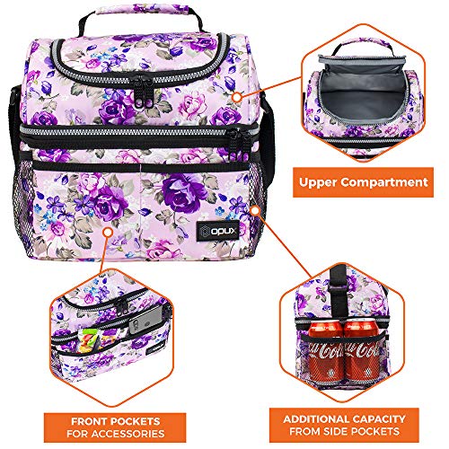 Opux Lunch Box For Women, Insulated Large Lunch Bag Adult Work, Double Decker Lunchbox Meal Prep, Dual Compartment Leakproof Lunch Cooler, Soft Lunch Pail Tote For Girls Kids School, Floral Purple #TOP4