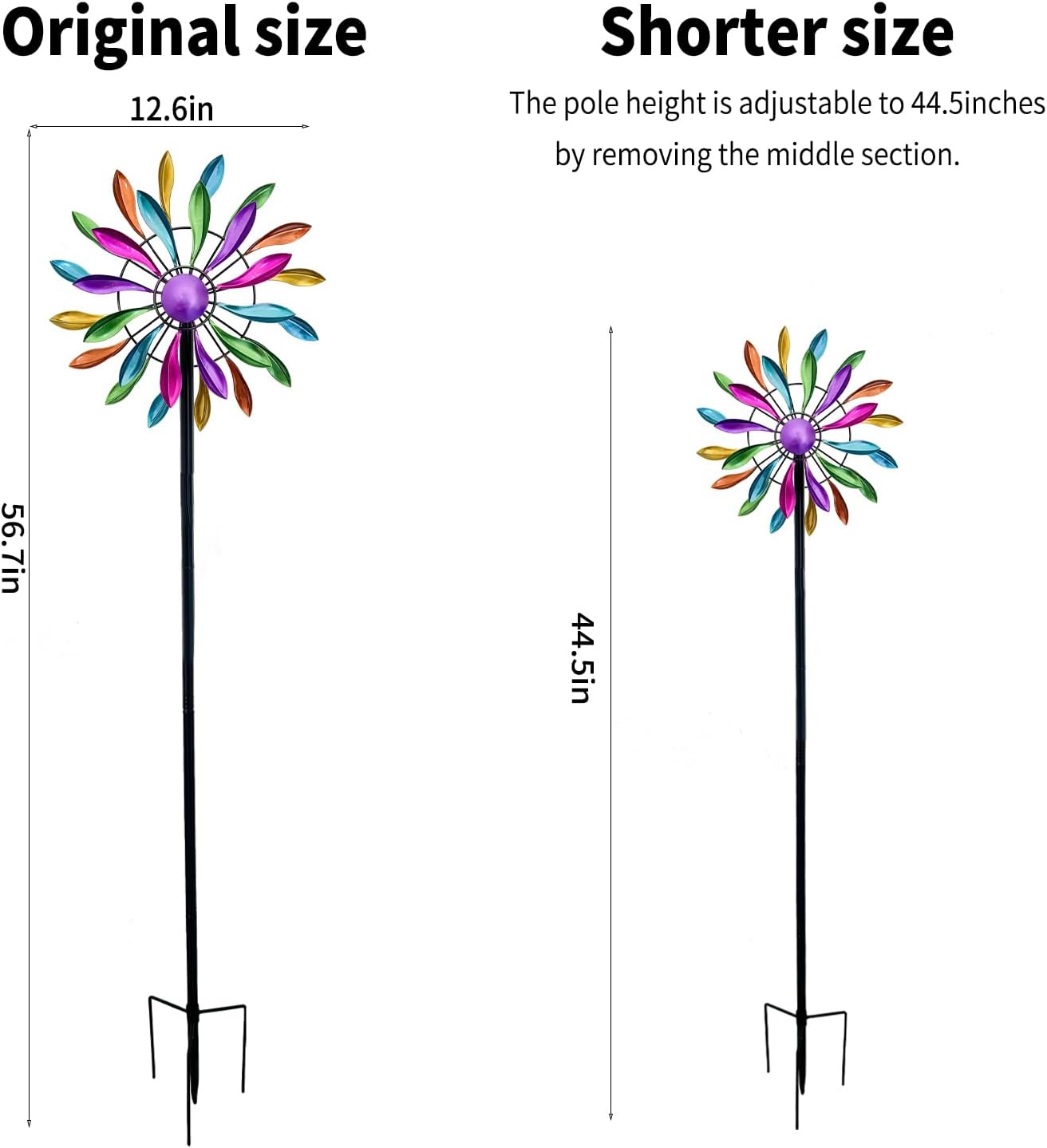 Wind Spinners Outdoor Metal, 360° Kinetic Wind Spinner with Stake, Metal Garden Yard Patio Lawn Windmill Decor (12.6" Dia, 56.7" H, Rainbow Petal)