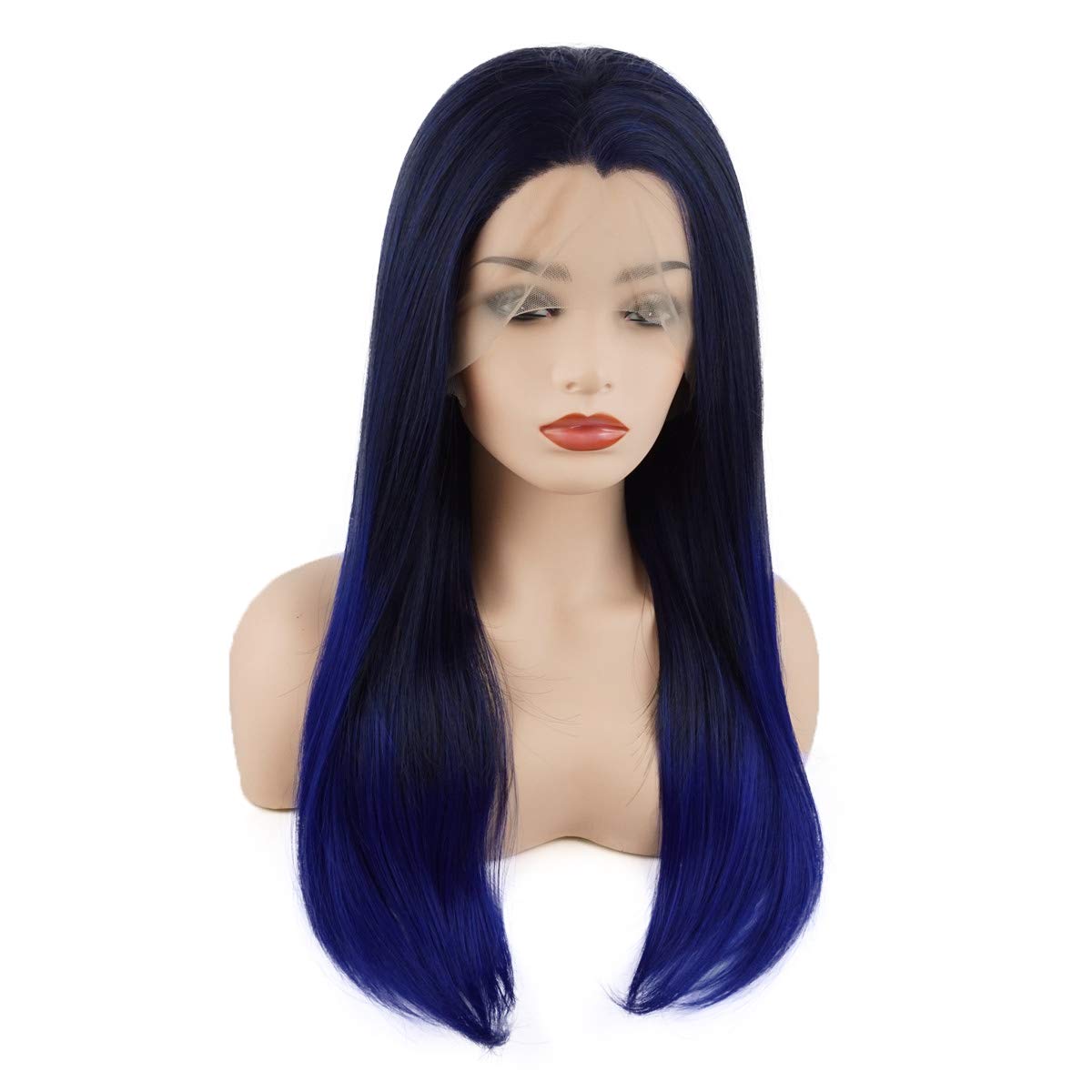 Hair Straight Long 24inch Dark Root Blue Ombre Heat Resistant Heavy Density Realistic Synthetic Lace Front Wigs
